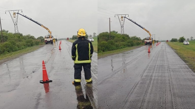1000128243.jpg Por el temporal, cayó un cable de alta tensión en una ruta entrerriana