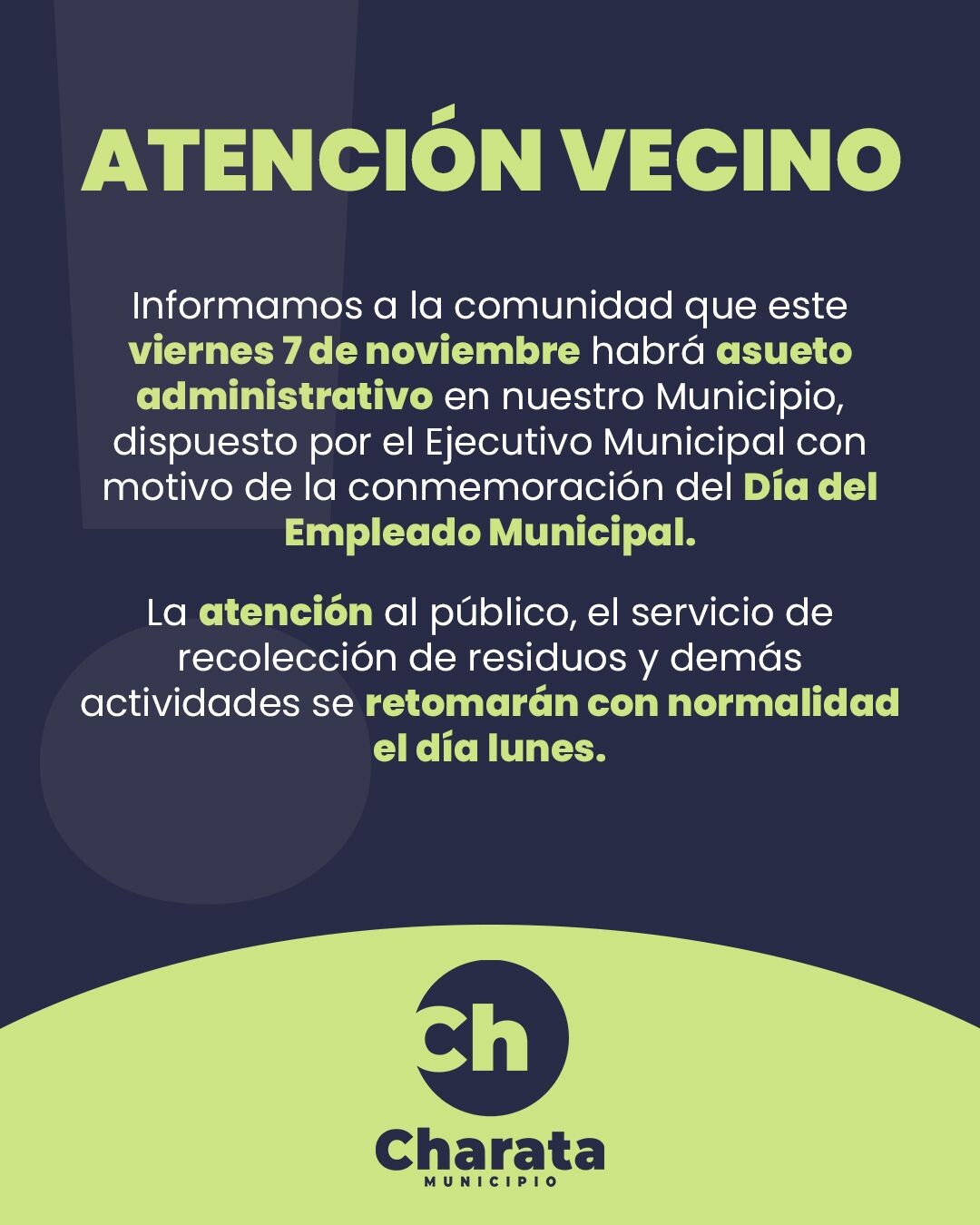 MUNICIPIO DE CHARATA: 7 DE NOVIEMBRE ASUETO ADMINISTRATIVO PARA EMPLEADOS MUNICIPALES.