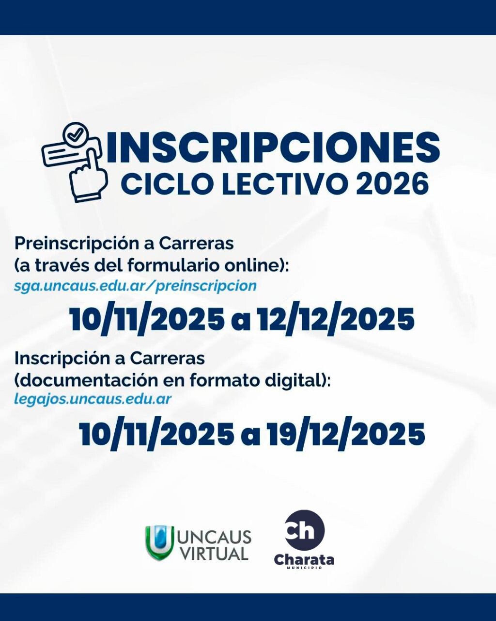 MUNICIPIO DE CHARATA: INSCRIPCIONES AL CICLO LECTIVO 2026.