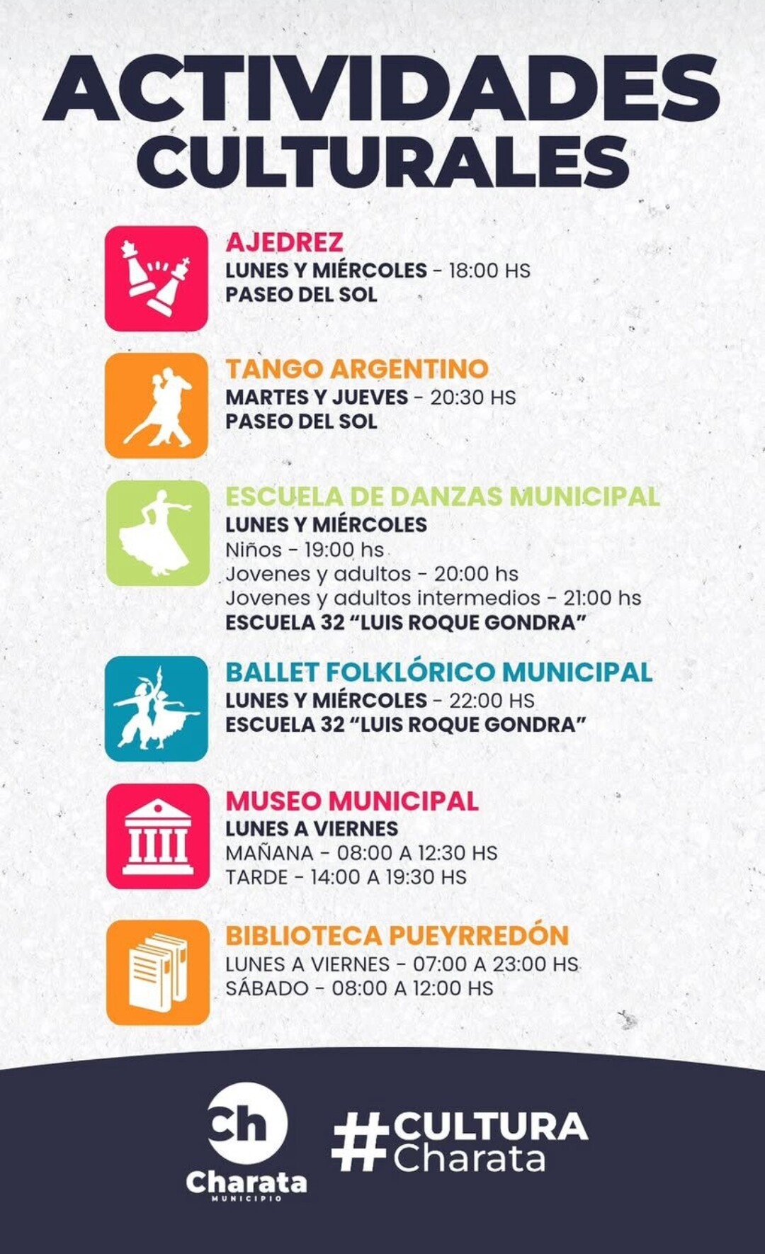 MUNICIPIO DE CHARATA: DIAS Y HORARIOS DE ACTIVIDADES CULTURALES.