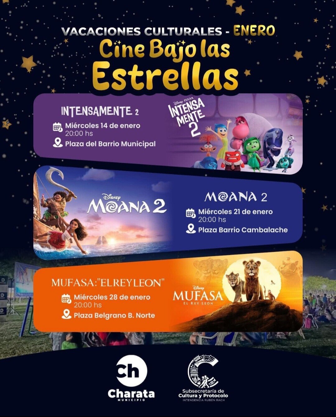 MUNICIPIO DE CHARATA: CINE BAJO LAS ESTRELLAS, CARTELERA PARA LOS MESES DE ENERO Y FEBRERO.
