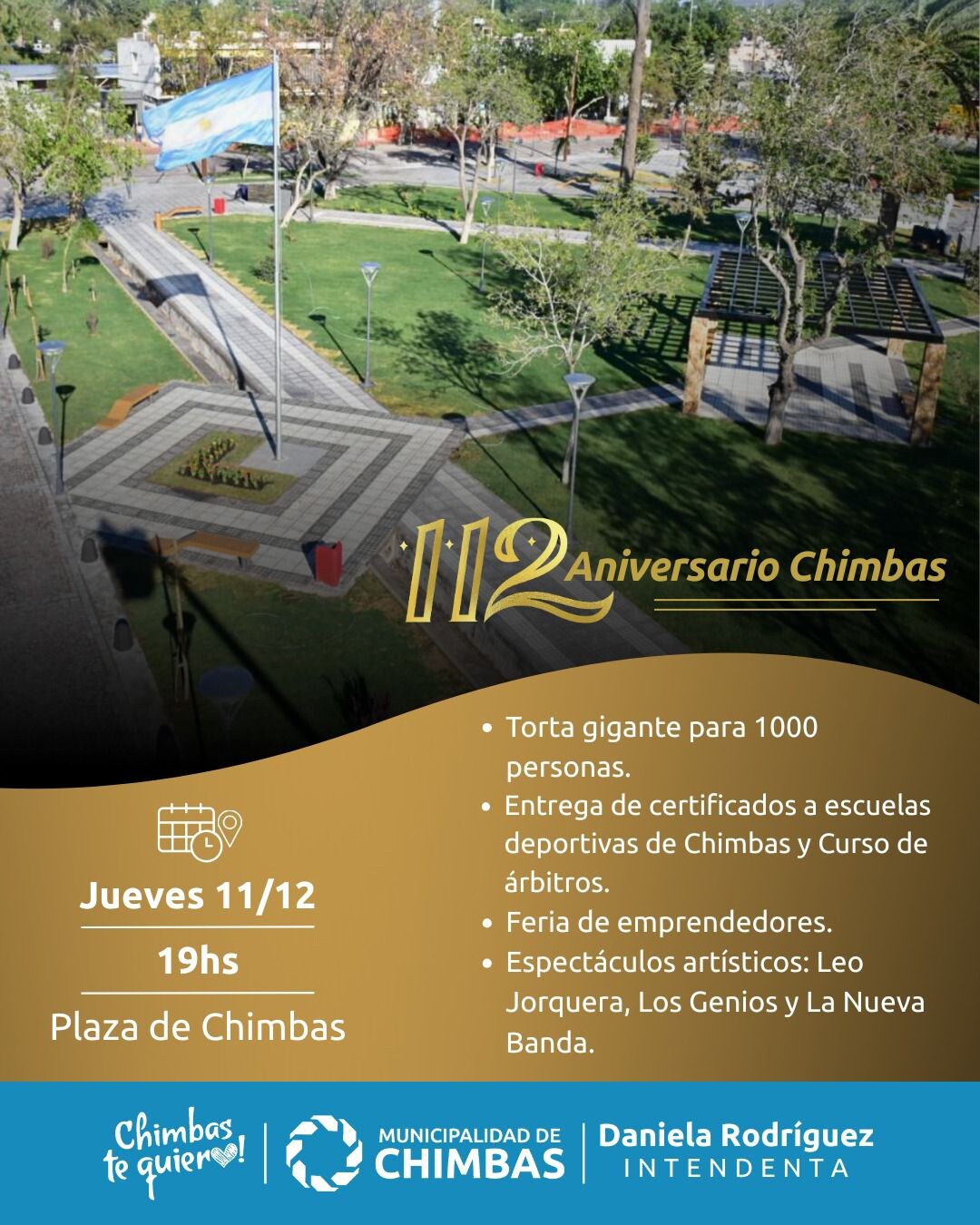 Hoy Chimbas festeja su 112°Aniversario en su Plaza Principal