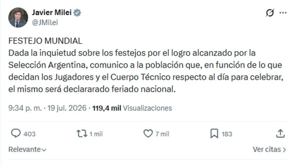 Milei anunció que declarará feriado nacional el día que llegue la selección al país