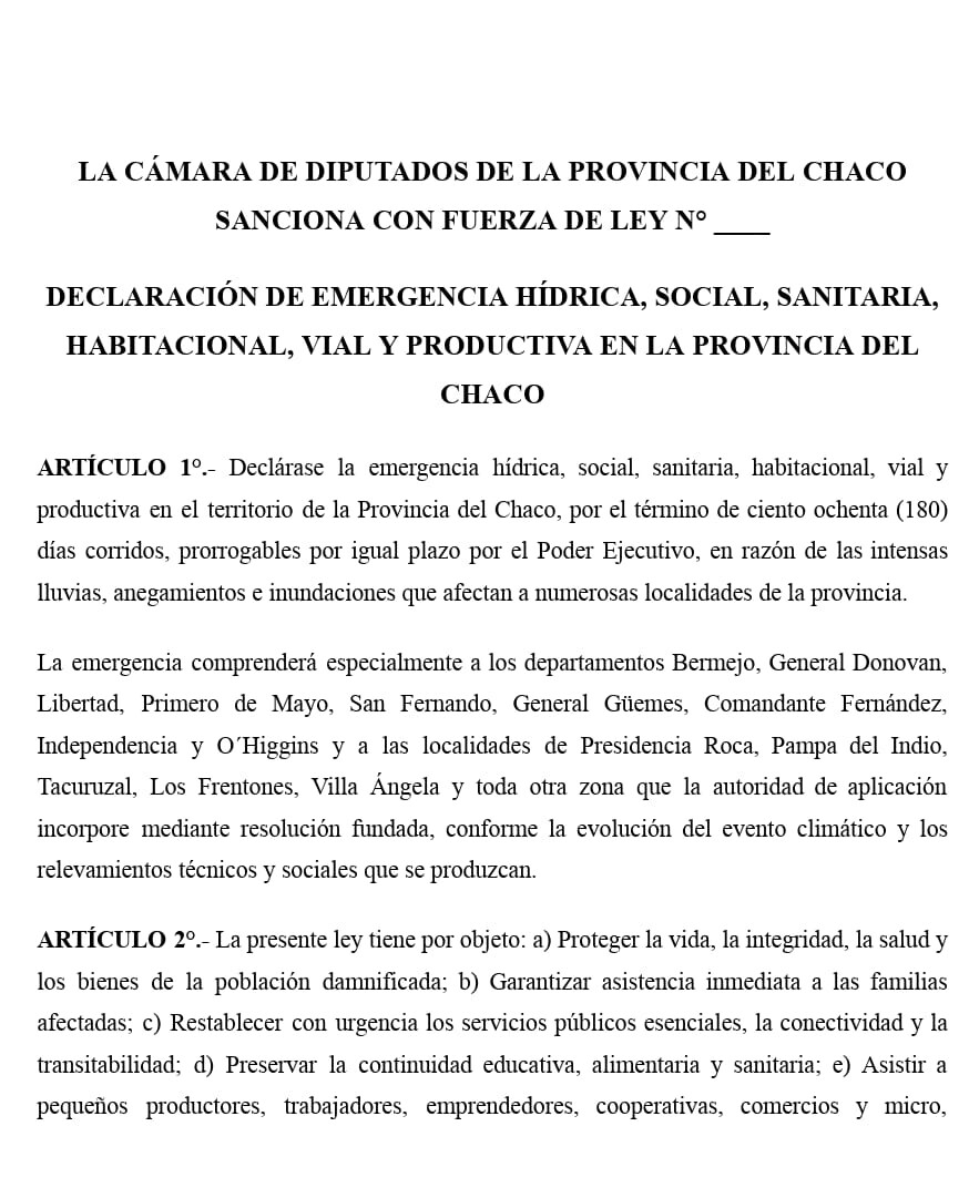 El Frente Chaqueño impulsa ley de emergencia hídrica y social en Chaco