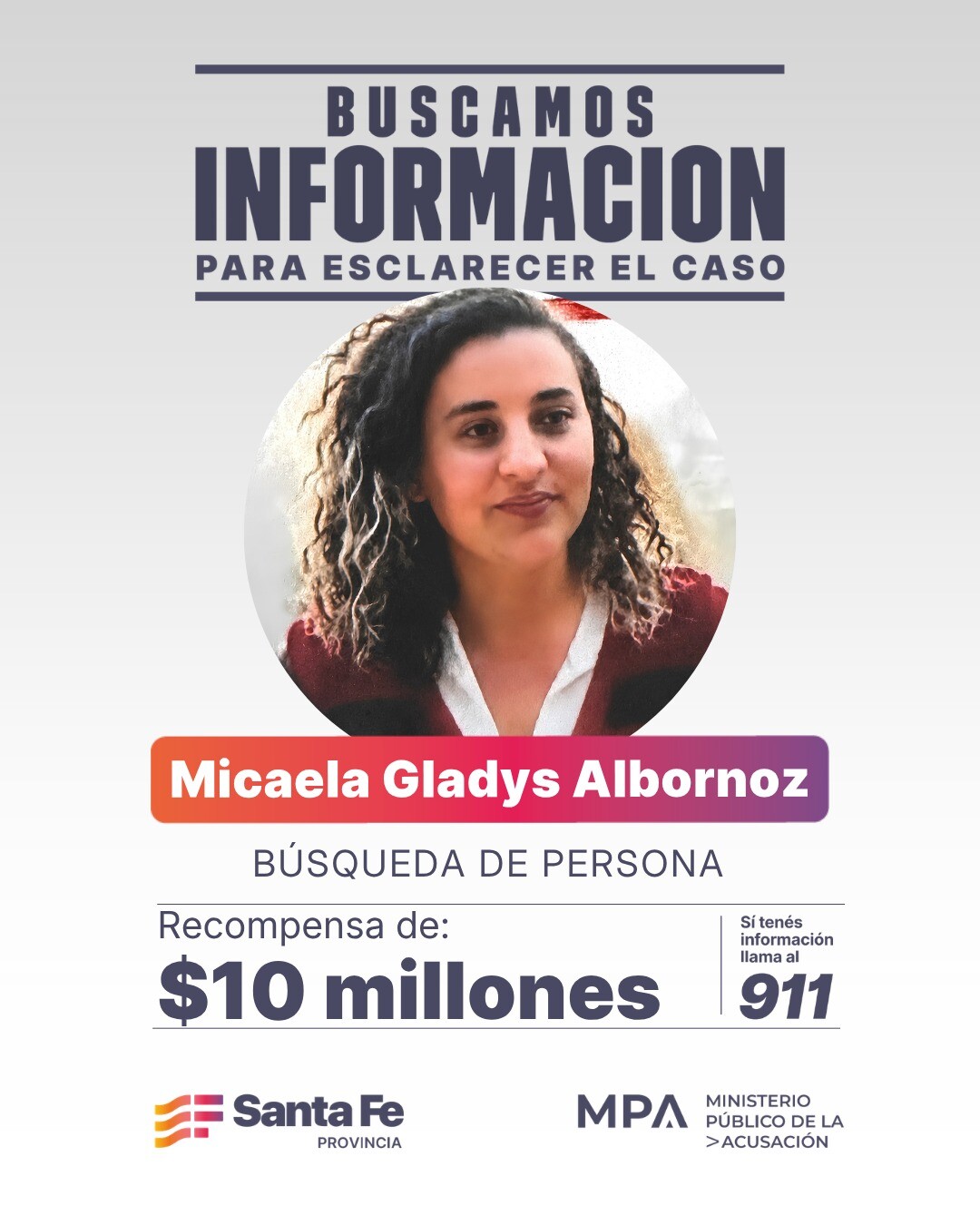 Santa Fe ofrece $10 millones de recompensa para encontrar a Micaela Albornoz