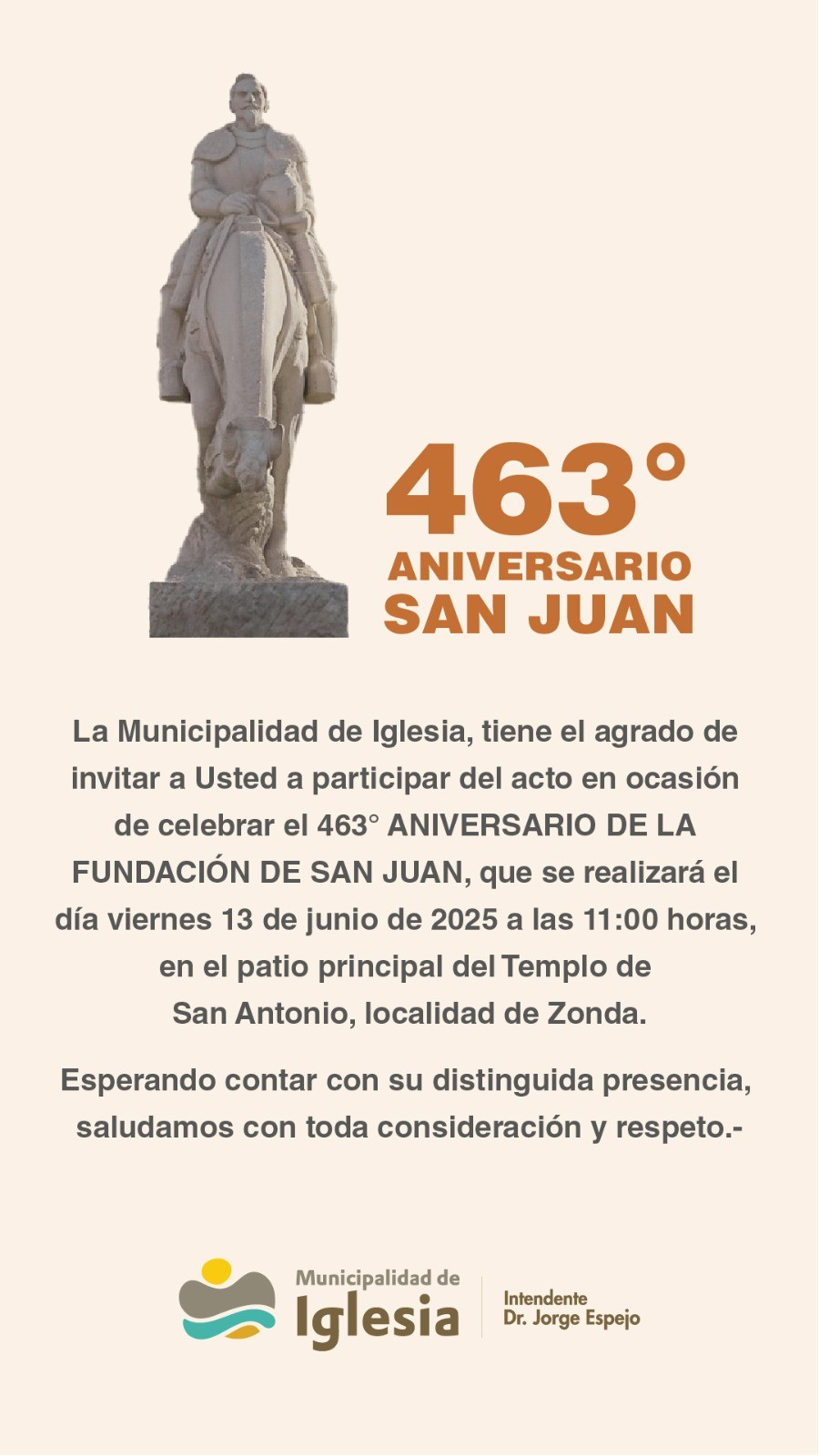 IGLESIA: municipio, te invita a participar del 463° Aniversario de la Fundación de San Juan