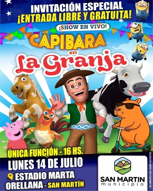 “Capibara en la Granja” llega a San Martín con una función para toda la familia