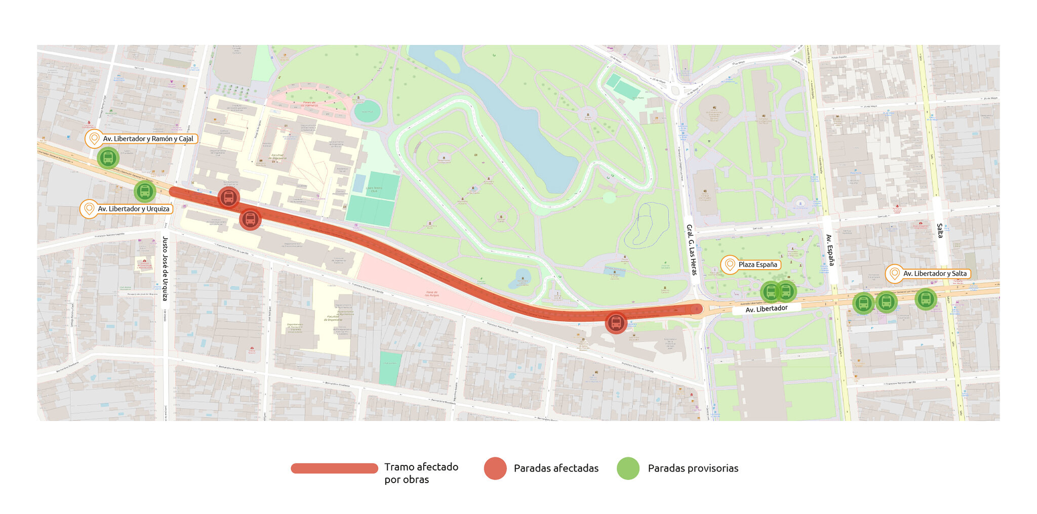 RedTulum informó desvíos y paradas de colectivos por el inicio de las obras de repavimentación de la Av. Libertador