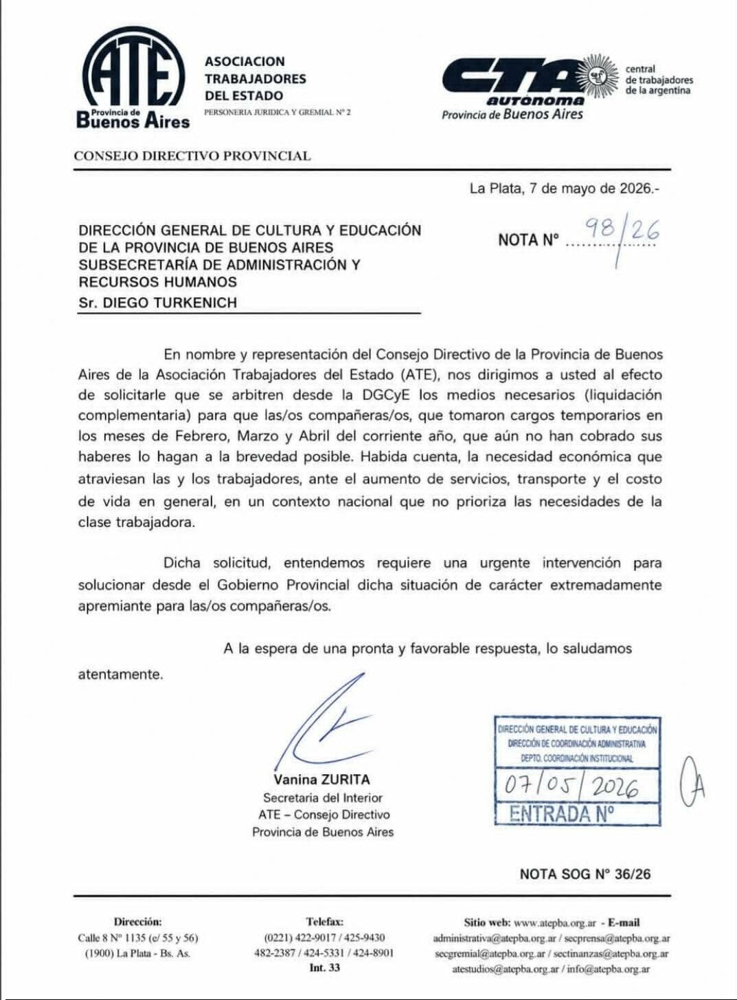 5b43603f-289f-47da-82f1-dfbec3111afb.jpg Ate solicito a la Dirección General de Cultura y Educación de la Provincia de Buenos Aires, que arbitre “la liquidación complementaria”
