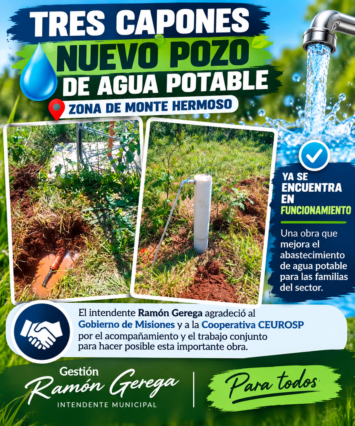 Tres Capones: quedó en funcionamiento un nuevo pozo de agua potable en la zona de Monte Hermoso
