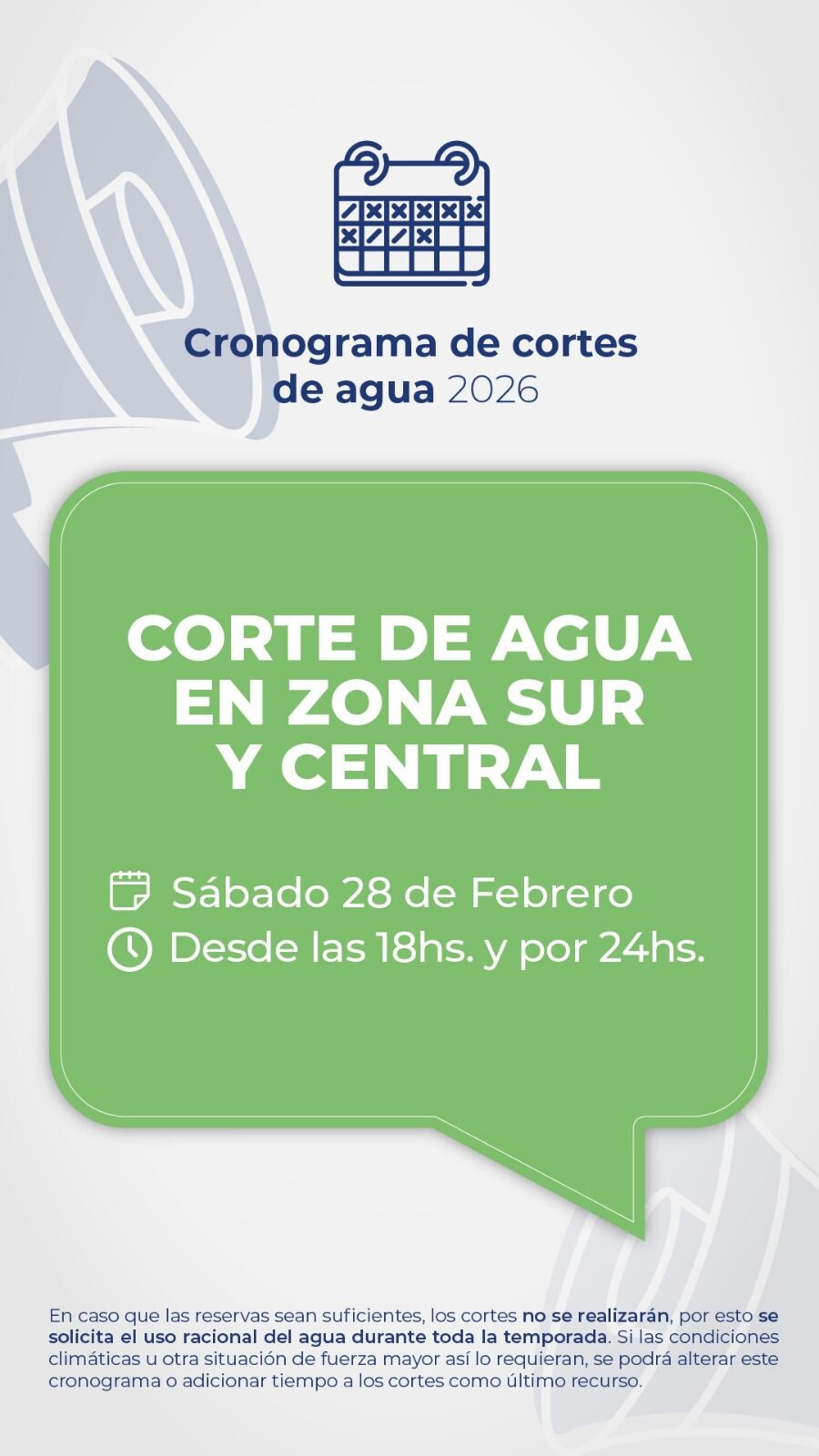 Corte programado de agua en Zona Sur y Central para recuperar reservas