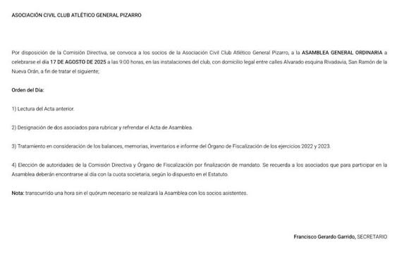 IRREGULARIDADES EN LA ASAMBLEA 2025 EN EL CLUB PIZARRO DE ORÁN
