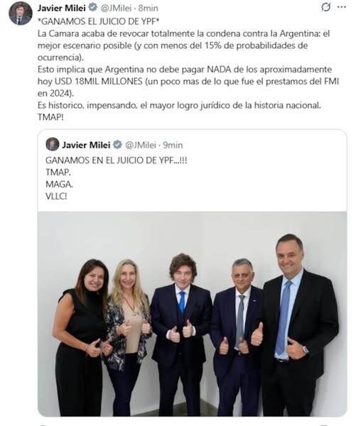 658220107_122201695094558524_6512998146852891283_n.jpg Javier Milei celebró el fallo a favor de la Argentina en el caso YPF