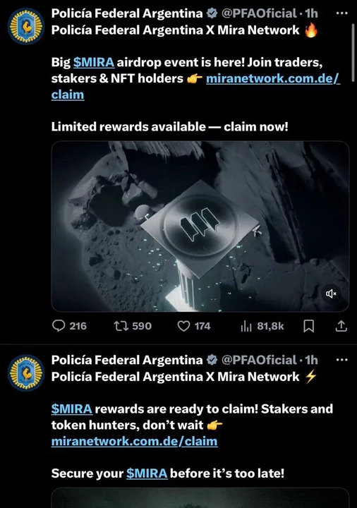 La cuenta de X de la Policía Federal Argentina fue hackeada para promocionar una criptomoneda