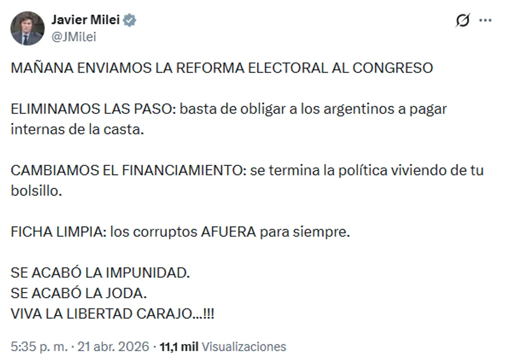 Milei anunció reforma electoral: eliminación de PASO, cambios en financiamiento y Ficha Limpia