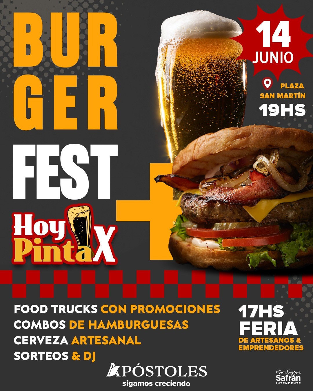 Burger Fest, Hoy PintaX y Feria de artesanos y emprendedores en la Plaza San Martín.