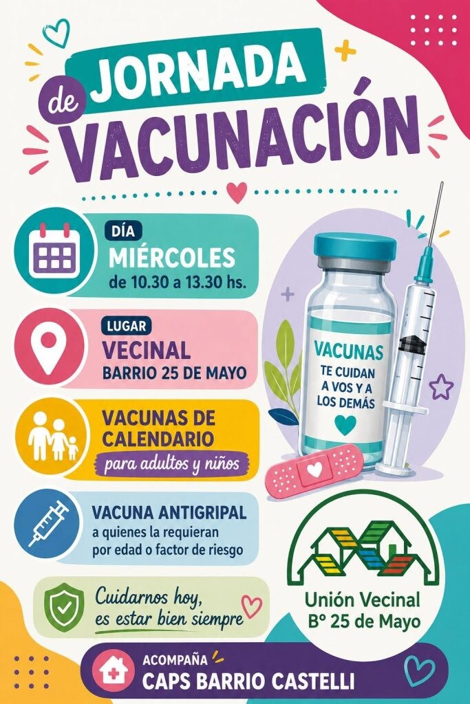 Habrá una jornada de vacunación en la vecinal del barrio 25 de Mayo