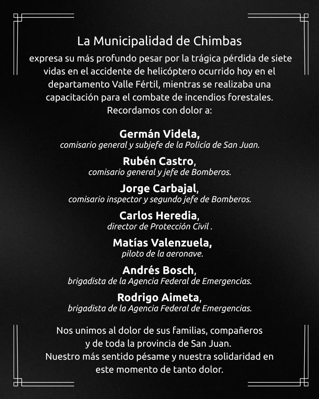 757507607_18109835429008431_5271426971477901186_n.webp La Municipalidad de Chimbas expresa su más profundo pesar por la trágica pérdida de siete vidas en el accidente de helicóptero