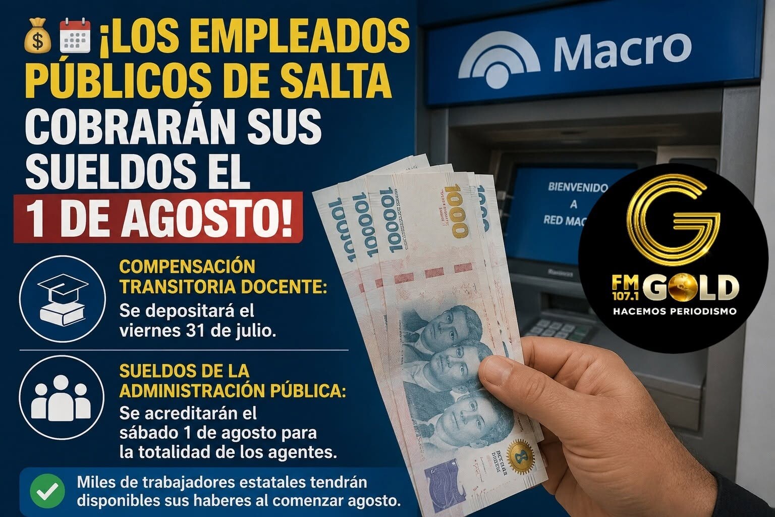 Empleados públicos de Salta cobrarán sus sueldos el 1 de agosto