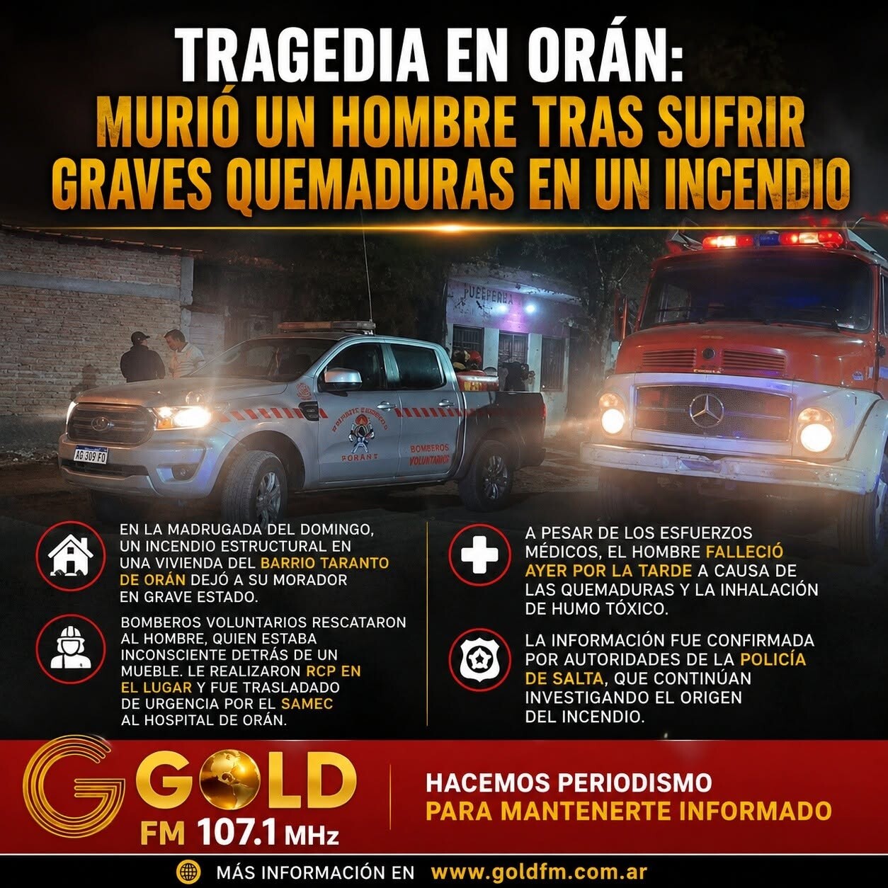 Tragedia en Orán: murió un hombre tras sufrir graves quemaduras en un incendio