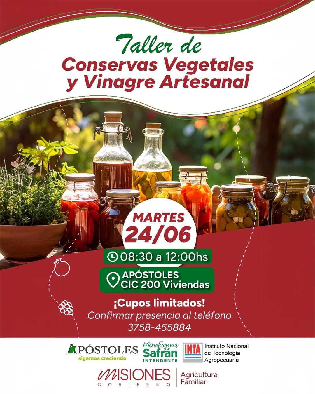 Se Realizará el Taller de Conservas Vegetales y Vinagre Artesanal