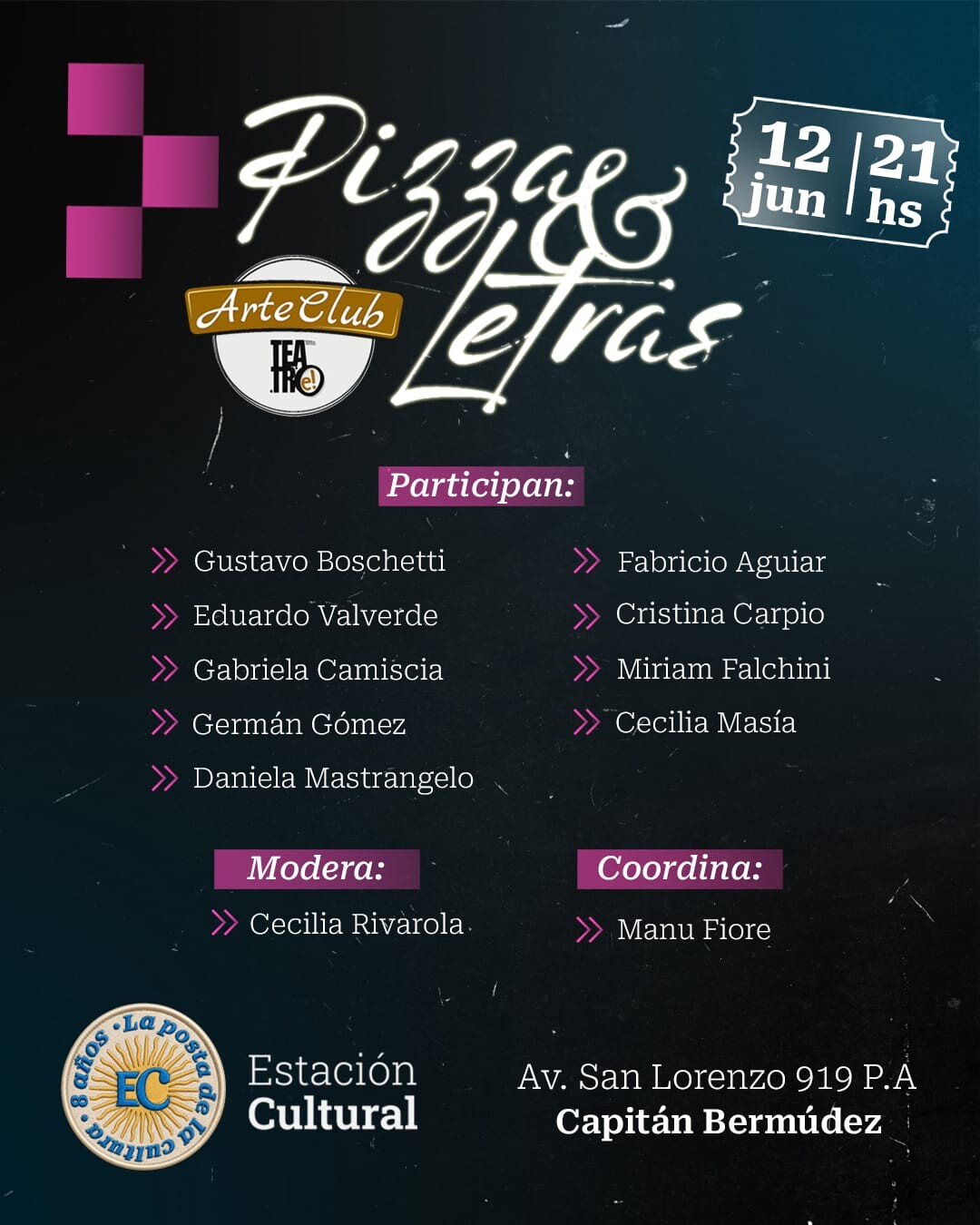 Llega «Pizza y Letras» a la Estación Cultural de Capitán Bermúdez