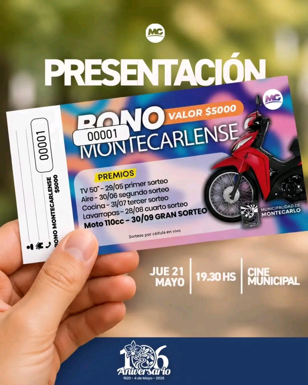 98402.jpg Montecarlo lanzó un bono solidario para clubes y comisiones vecinales: costará .000 y tendrá premios como una moto y electrodomésticos