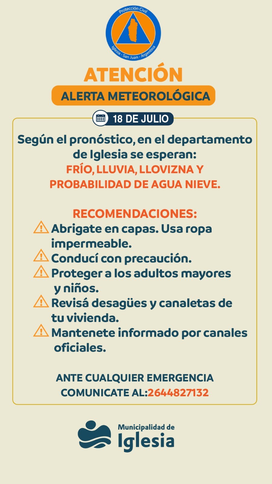 La Municipalidad de IGLESIA recomienda ante el estado del tiempo