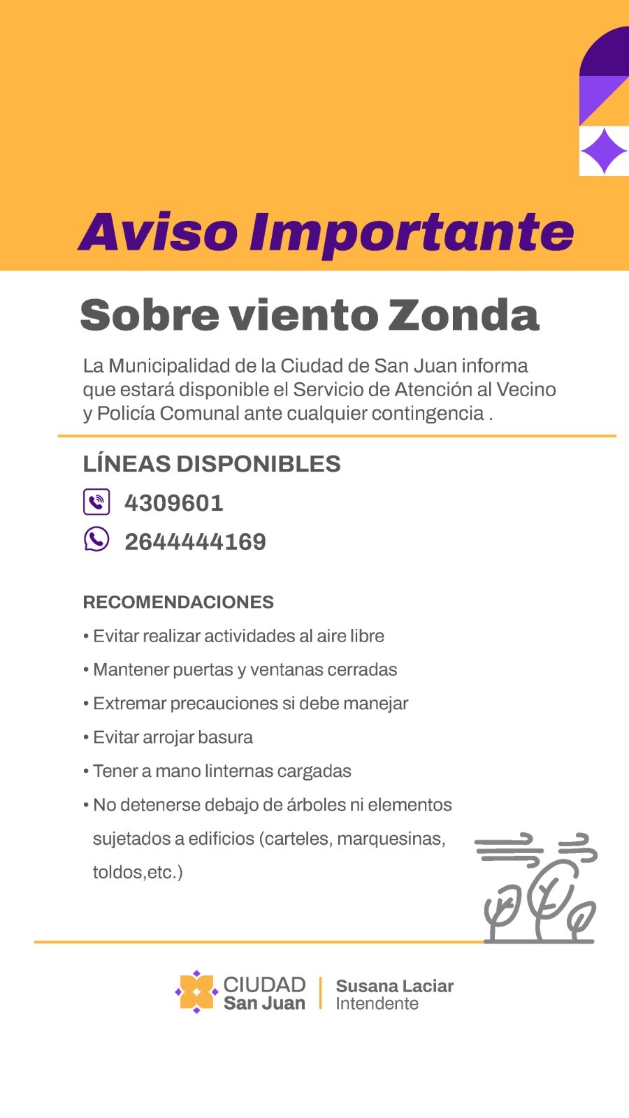 La Ciudad informa medidas preventivas y canales de atención ante la alerta por viento Zonda