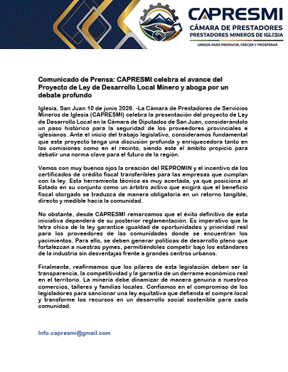 CAPRESMI-IGLESIA.GIF IGLESIA: CAPRESMI celebra el avance del Proyecto de Ley de Desarrollo Local Minero