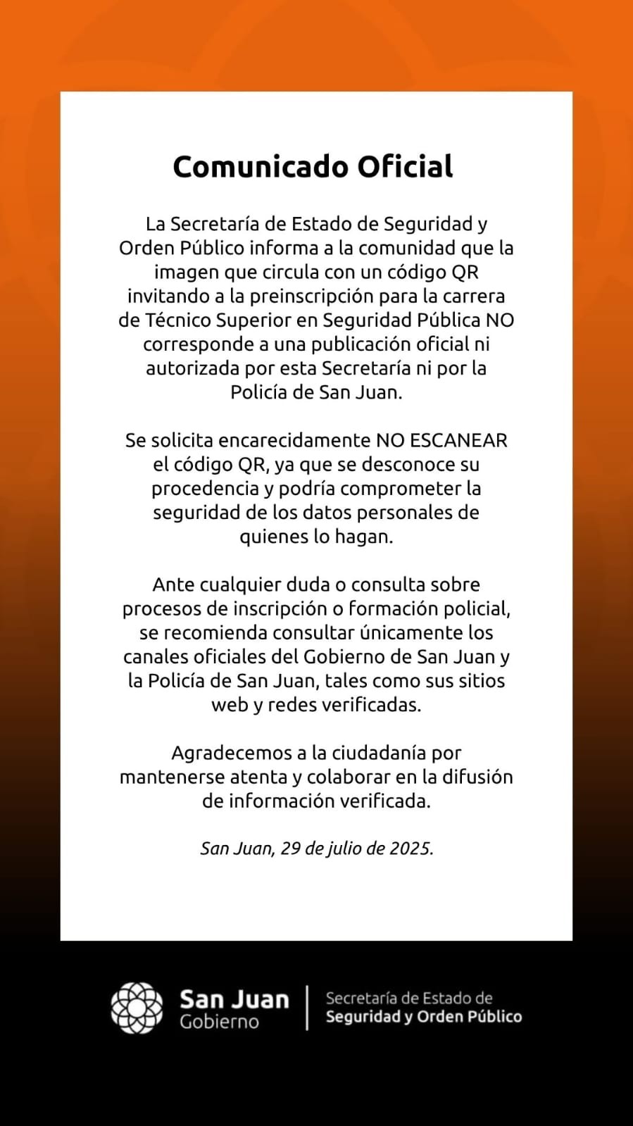 ATENCIÓN: «la Secretaría de seguridad advierte al respecto de un Código QR»