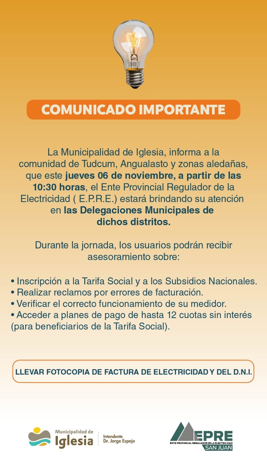 IGLESIA: este jueves 06 de noviembre estará el EPRE en Tudcum y Angualasto
