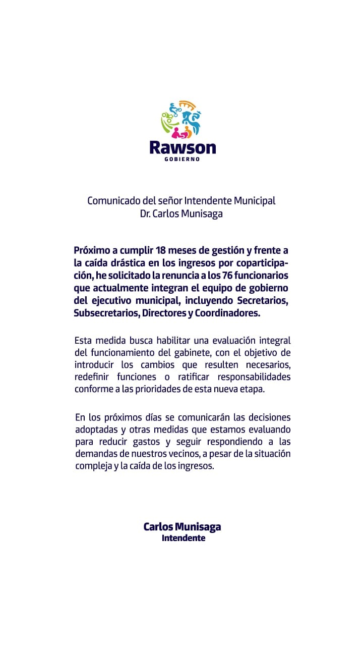 Fuerte Comunicado de prensa del Intendente de Rawson, Carlos Munisaga