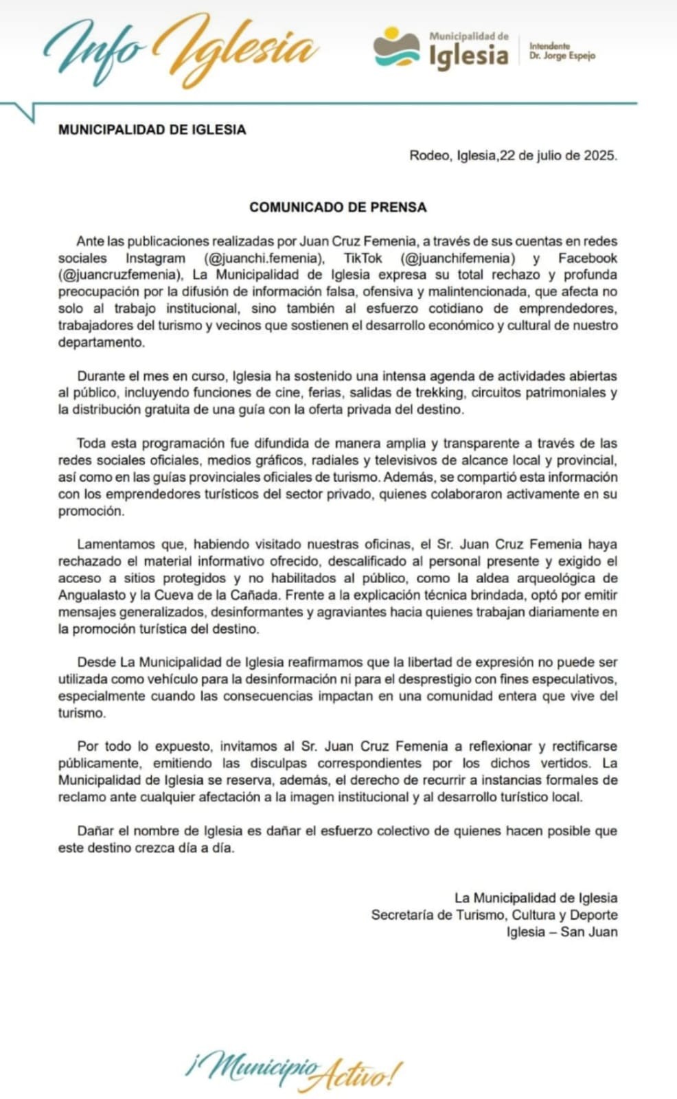 IGLESIA: la Municipalidad invita a un operador Turístico, emitir las disculpas correspondientes por los dichos vertidos en Redes Sociales
