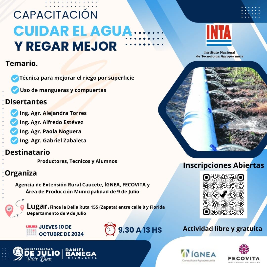 El municipo de 9 de Julio realizara una jornada especial para Optimizar el uso del Agua para un mejor riego y una mejor producción.