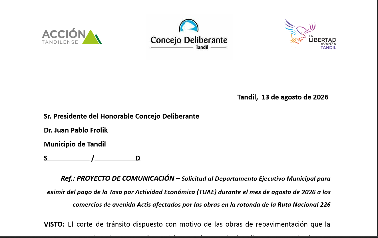 Concejales de La Libertad Avanza solicitan exención de tasas municipales para comerciantes de av. Actis