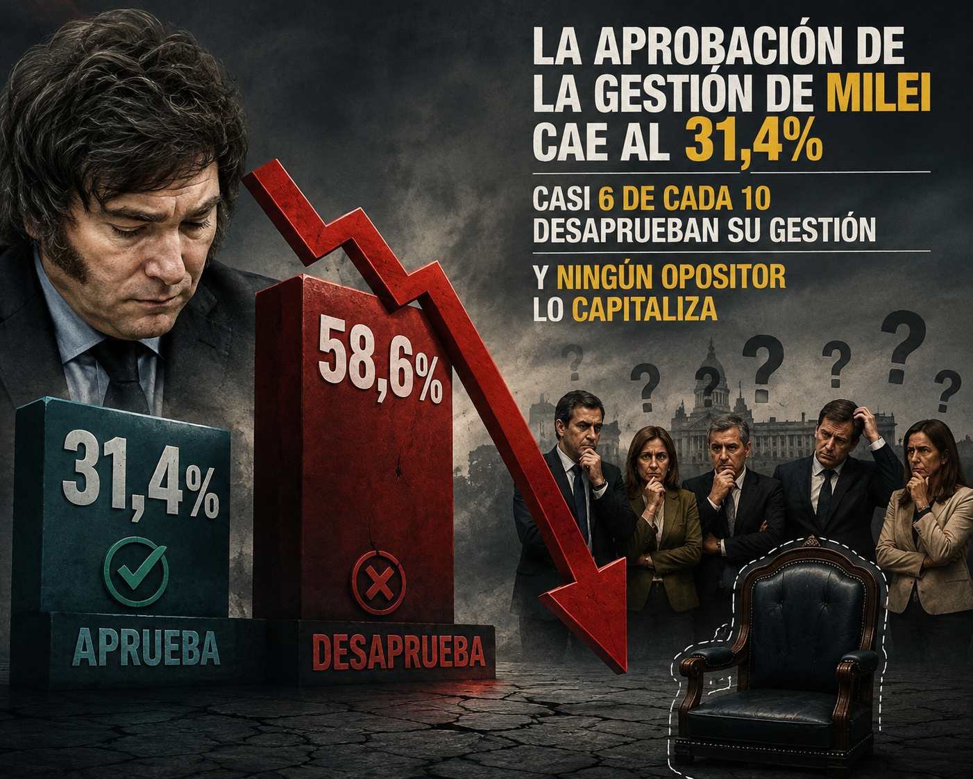 La aprobación de la gestión de Milei cae al 31,4%, casi 6 de cada 10 desaprueban su gestión y ningún opositor lo capitaliza La aprobación de la gestión de Milei cae al 31,4%, casi 6 de cada 10 desaprueban su gestión y ningún opositor lo capitaliza
