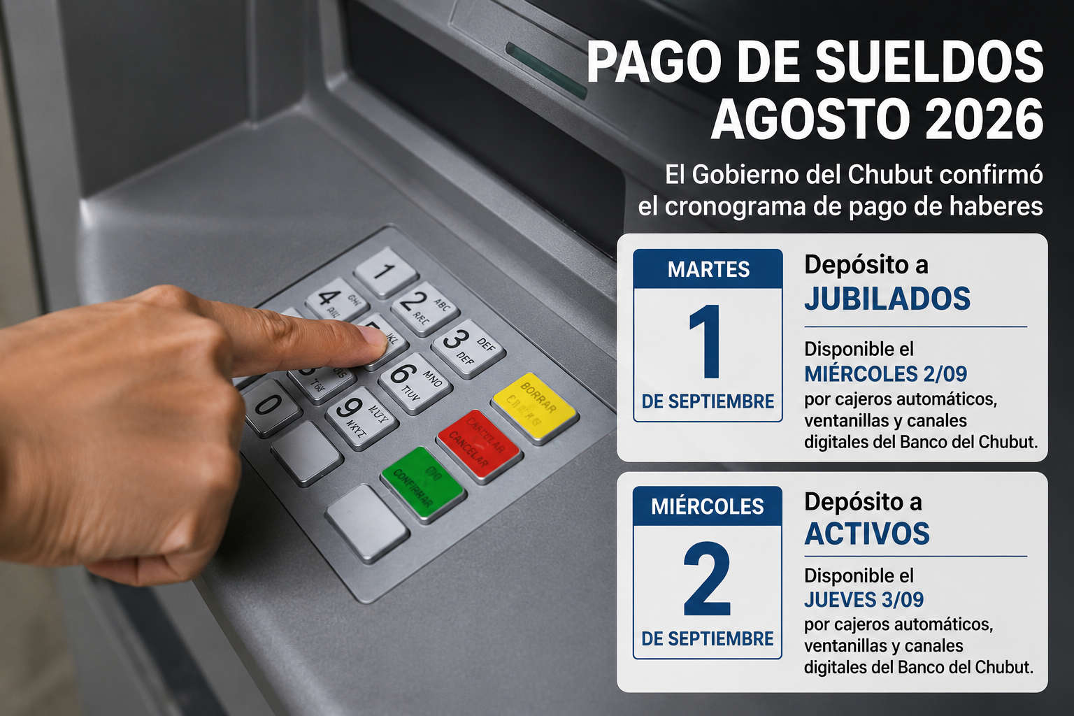 Pago de haberes en Chubut: cuándo cobran jubilados y empleados públicos Pago de haberes en Chubut: cuándo cobran jubilados y empleados públicos