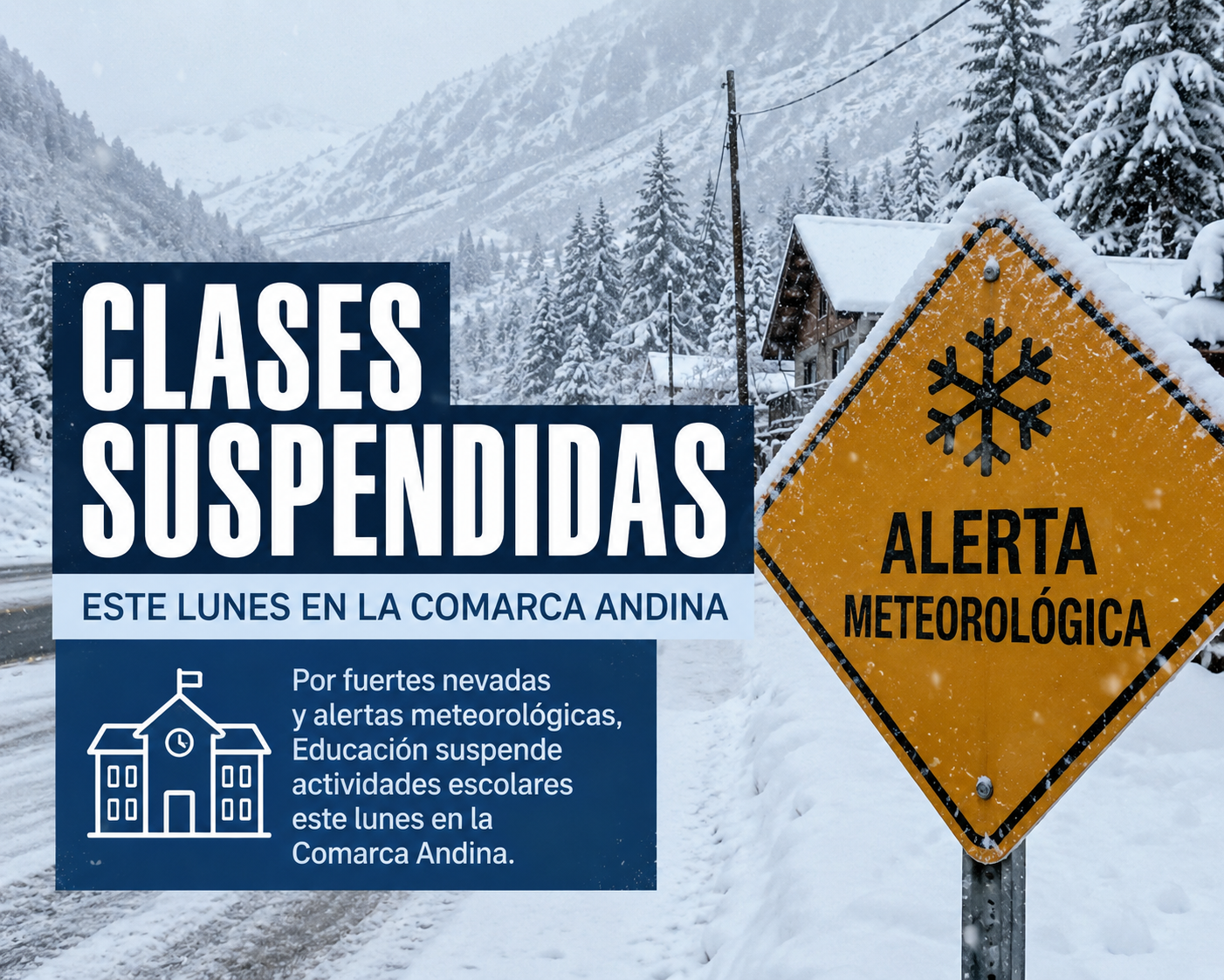 Por fuertes nevadas y alertas meteorológicas, Educación suspende actividades escolares este lunes en la Comarca Andina