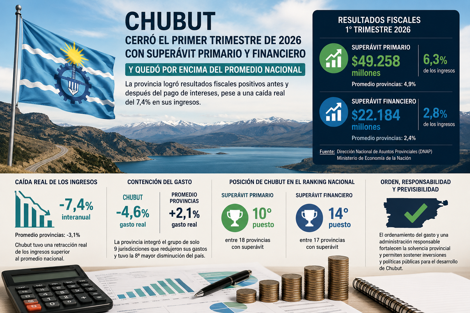 Chubut registró superávit primario y financiero, ubicándose entre las provincias con mejor resultado fiscal