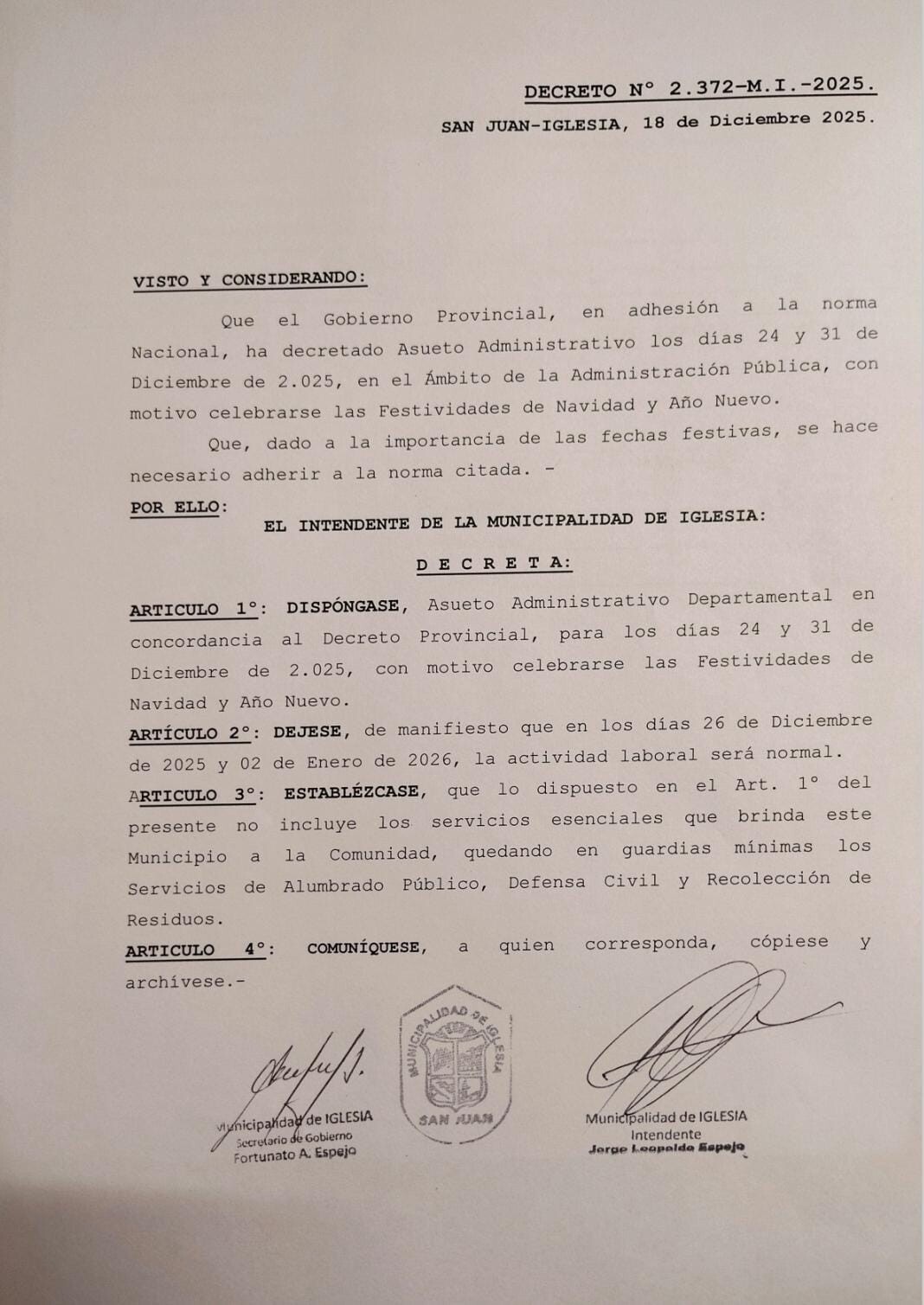 Iglesia adhiere al asueto administrativo provincial por Navidad y Año Nuevo