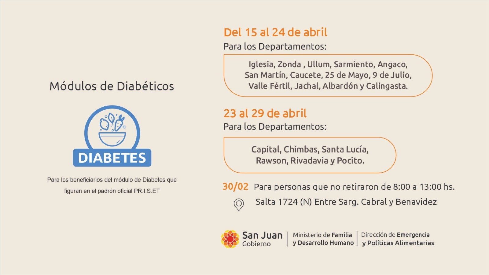 Cronograma entrega de módulos de abril para personas con diabetes
