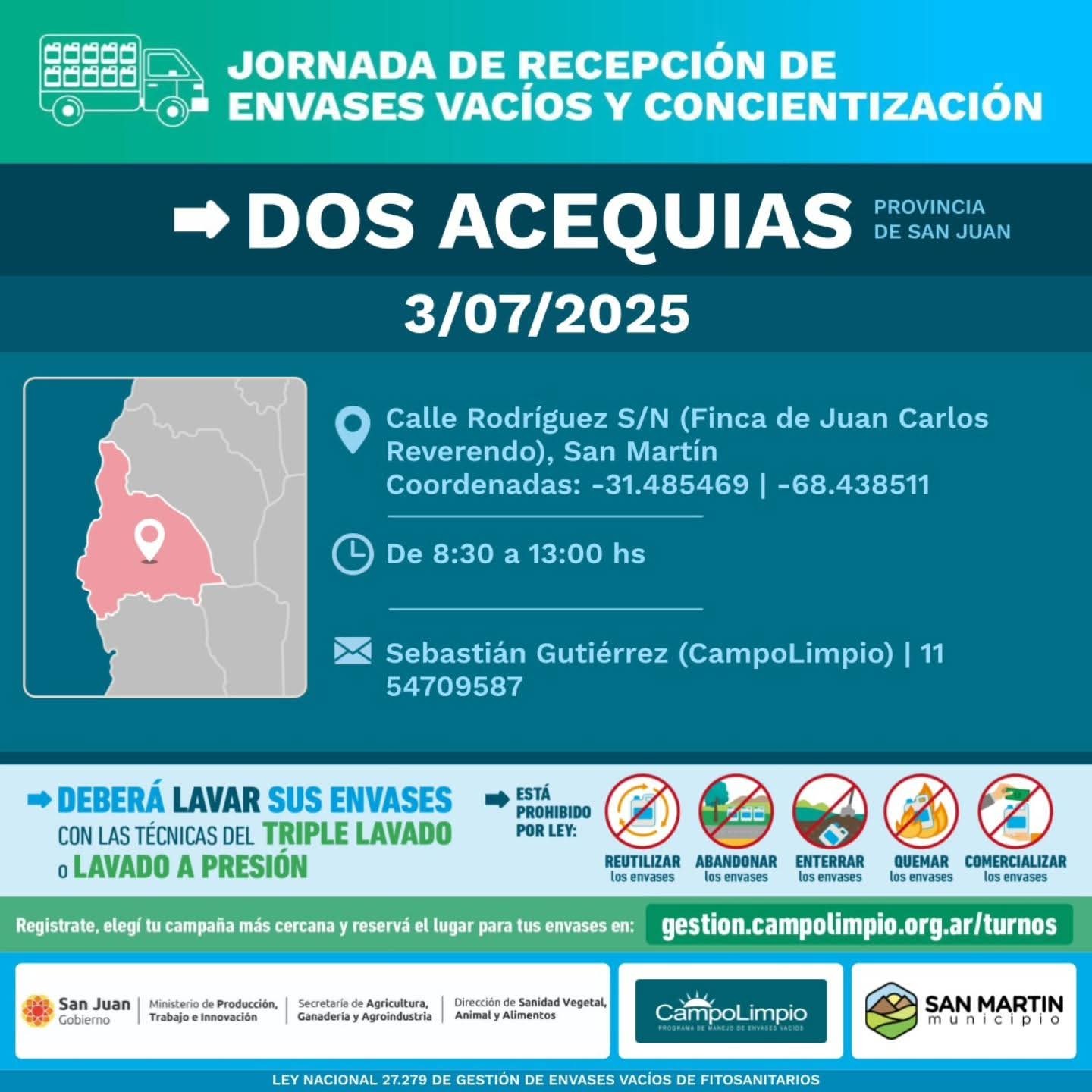 SAN MARTÍN: realizará una nueva jornada de recolección de envases vacíos de fitosanitarios