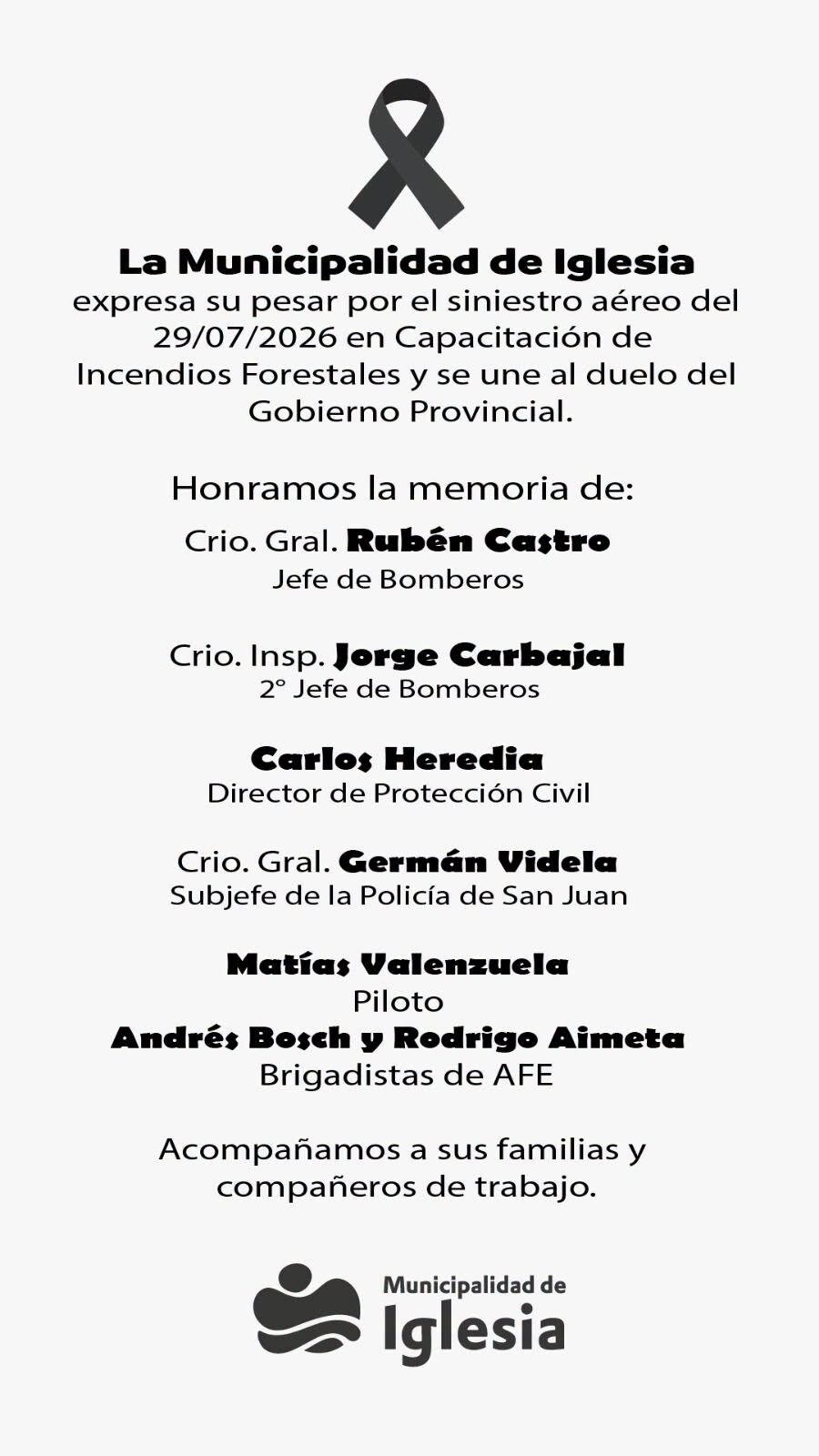 La Municipalidad de Iglesia expresa su más profundo pesar por el trágico accidente aéreo