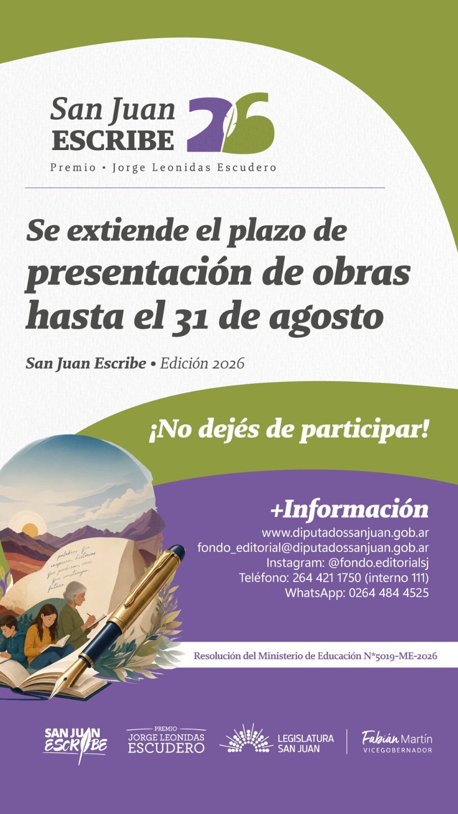 SAN JUAN ESCRIBE 2026: se extiende el plazo de presentación de obras