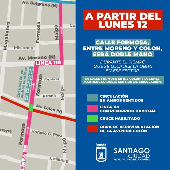 Tránsito de la Capital informó sobre modificación en el sentido de calle Formosa por avance de obra de Av. Colón
