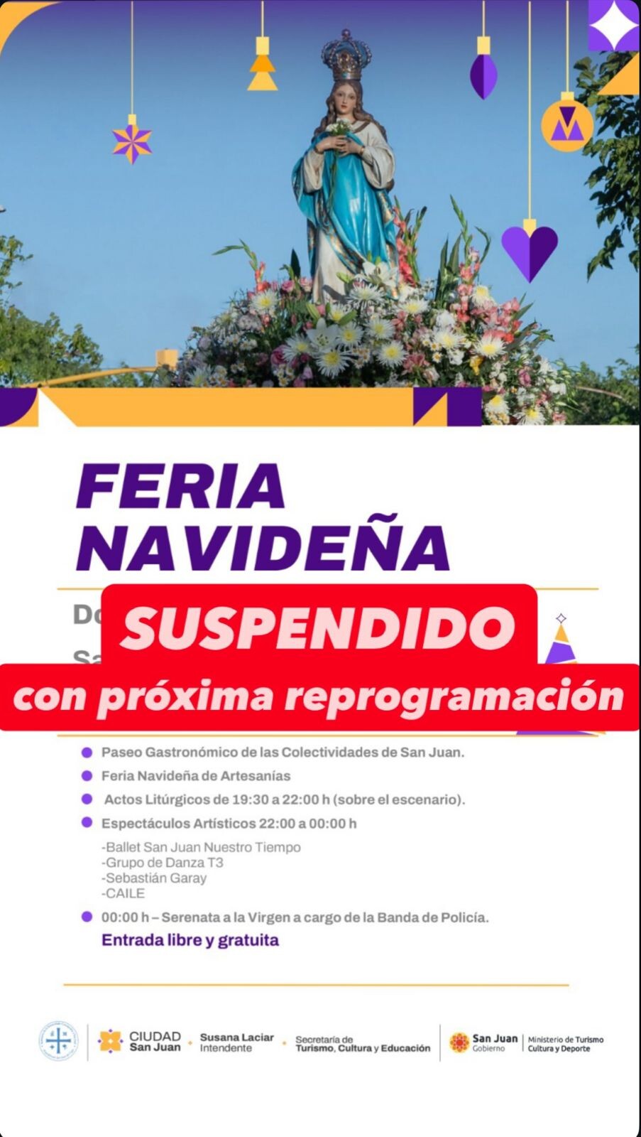La Municipalidad de la Ciudad de San Juan informa la suspensión de la Feria Navideña