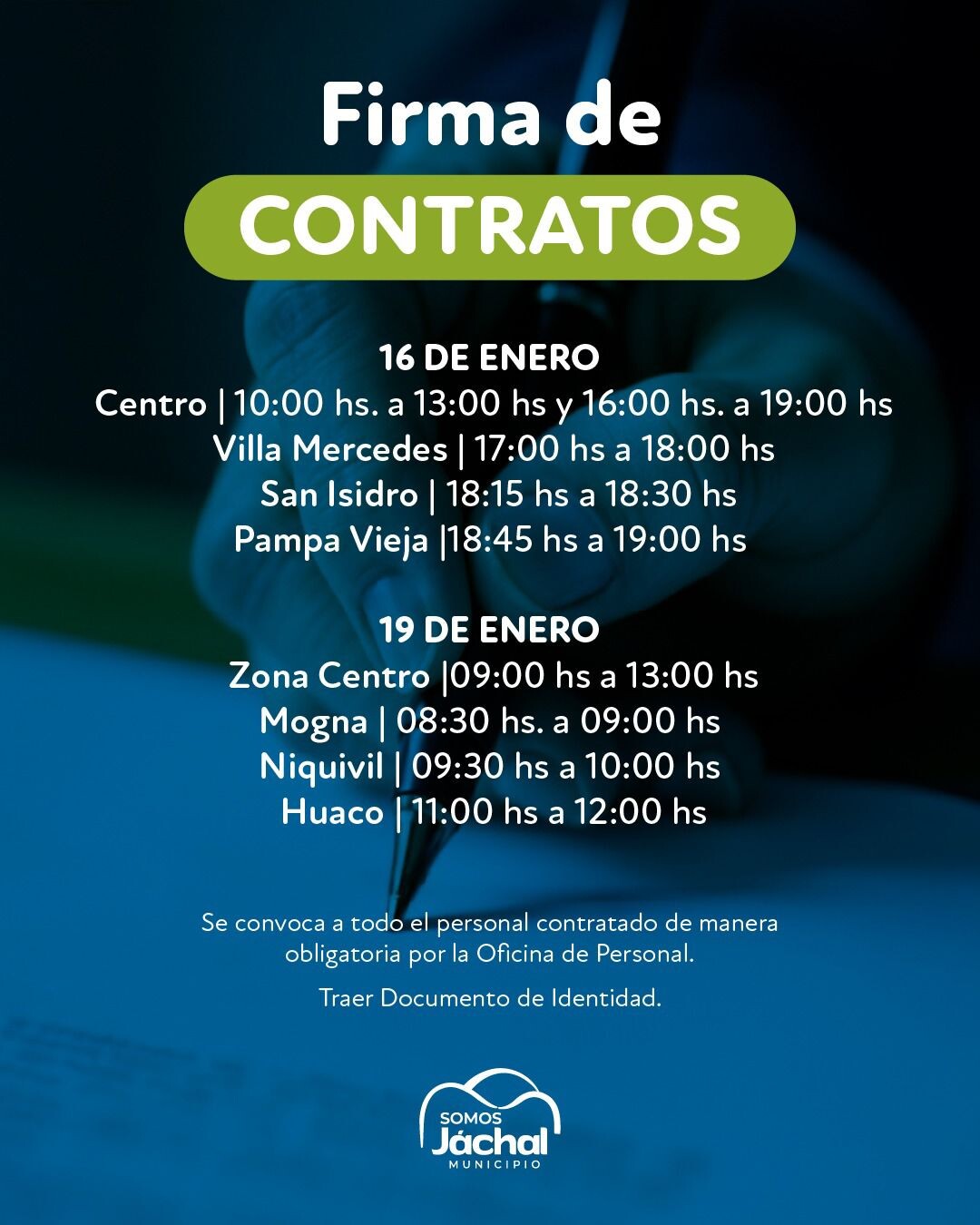 Días y horarios para la firma de contratos de empleados municipales de Jáchal