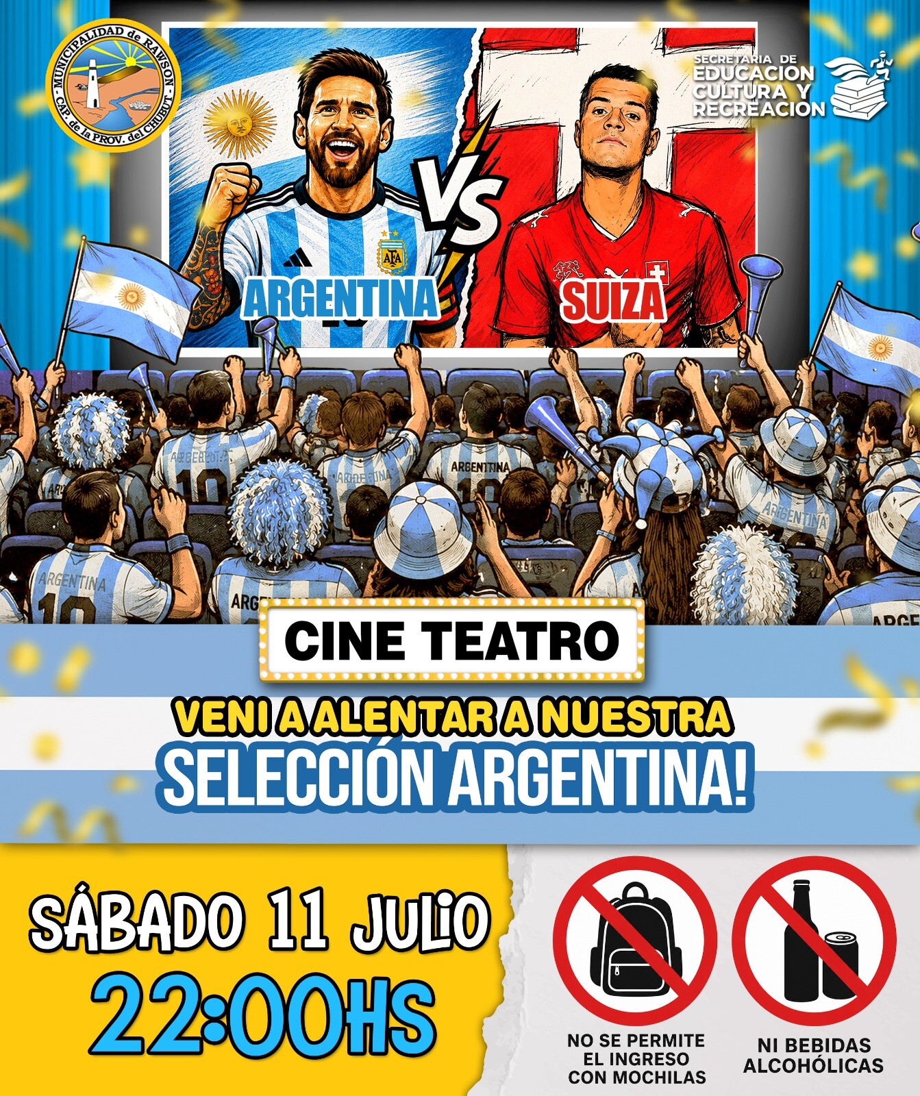 El Cine Teatro Rawson volverá a reunir a vecinos y familias para alentar a la Selección Argentina.