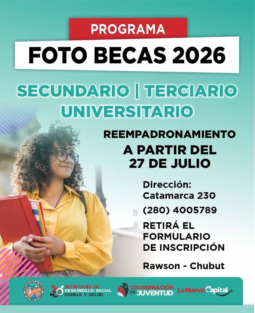 FLYER FOTOBECAS.jpeg Rawson mantiene abierta la convocatoria al programa «Fotobecas» para estudiantes de todos los niveles educativos.